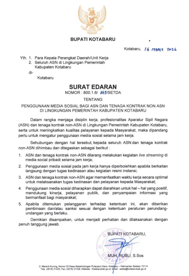 Bupati Kotabaru Terbitkan Surat Edaran Larangan ASN Live Streaming Saat Jam Kerja